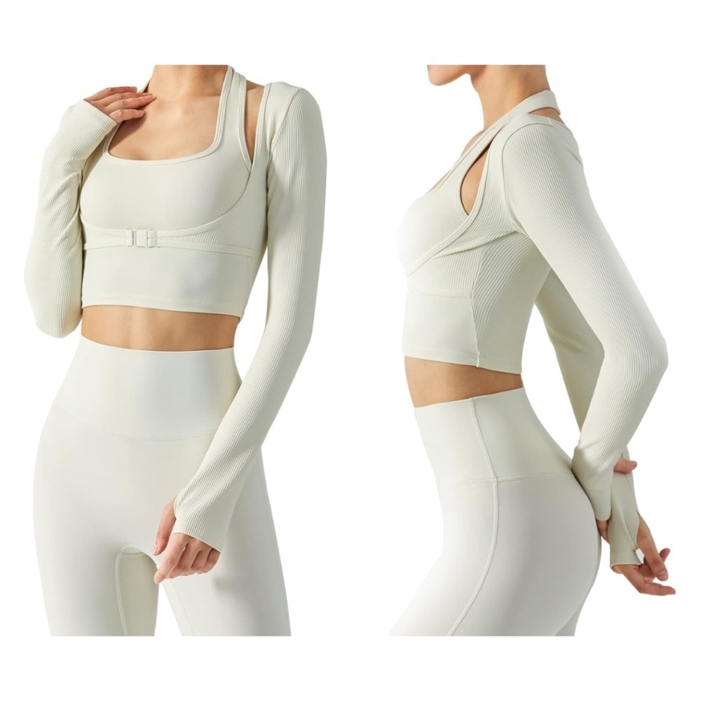 NEW Crop Top Workout Top Stretch Cutout Long Sleeve with Thumbholes - Picture 2 of 11